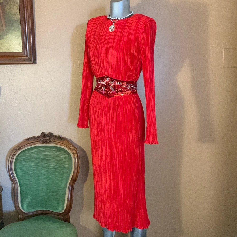 Vintage 80’s Ricki Lang Nuit Fortuny Plisse Pleat Red Deco Sequin Dress.  Sz S/M